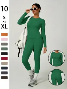 Women's Sporty Solid Color Top & Pants Set, Comfortable Tee & Slim Fit Leggings, Ideal for Daily Yoga & Fitness Activities, Skinny Sportswear