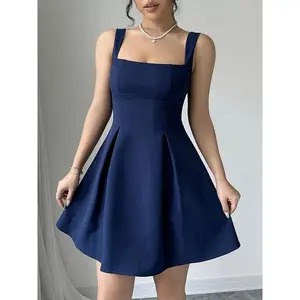 Elegant Navy Blue A-Line Dress for Women - Chic Square Neckline, Slimming Waist Design