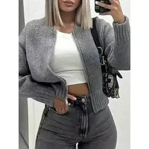 Women’s soft, comfortable knitted cardigan jacket — new fall/winter design featuring a small square zipper; elegant long-sleeve outerwear