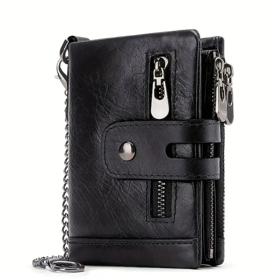 Men's Genuine Leather Bifold Durable Wallet - Anti-Theft Chain, RFID Blocking Card Holder with Zipper Pockets for Everyday Carry, Birthday
