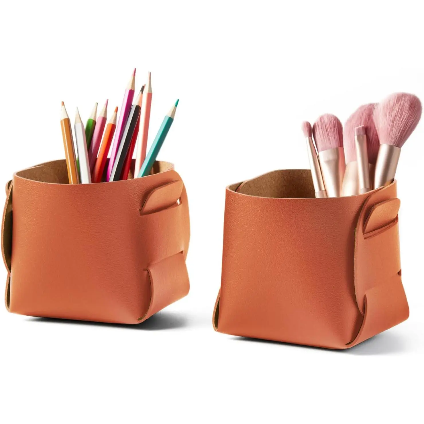 2-Pack Minimalist Eco-Conscious Cork Leather Desk Organiser - Modern Durable Storage Box for Pens/Pencils, Makeup Brushes, Stylish Home Decor (Orange, Ideal for Family, Friends)