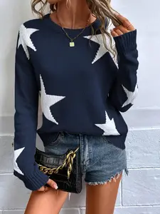 Women's Star Embroidery Knit Sweater, Round Neck Long Sleeve Loose Fit Casual Top, Spring & Fall Fashion, Comfortable High-End Design