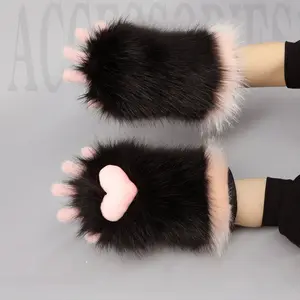 Realistic Faux Fur Cat Paws with Squeaky Heart Pads – Fursuit Half-Claw Gloves for Furry Cosplay