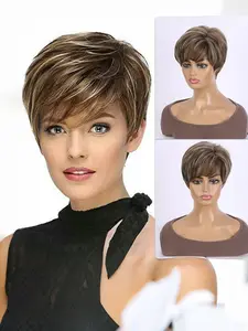 8 Inch High Temperature Fiber Synthetic Wig, Short Fibers, Deep Mixed Highlights, Bangs Bob Head, Role Play, Daily Wear
