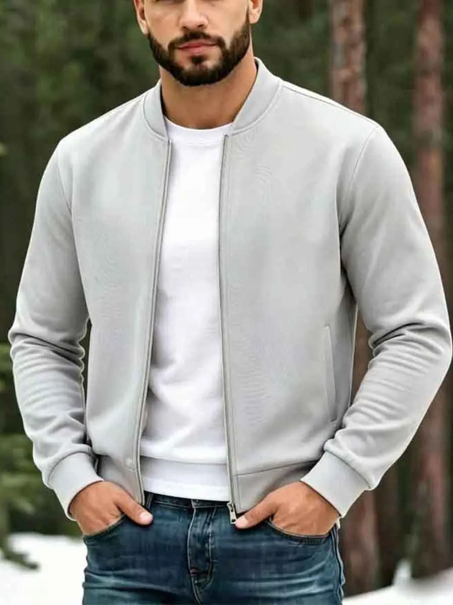 Men's Full-Zip Fleece Baseball Bomber Jacket - Solid Light Grey, Smooth Waffle Texture, Long Sleeve, Soft Anti-Pilling Menswear, Minimalist Quiet Luxury Casual Coat for Mature Gents - Spring Fall Daily Commute, Straight Slacks Pairing, Jeans, Tops, Office