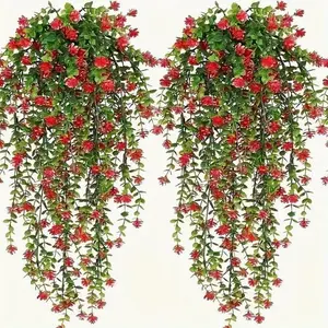 Realistic UV-Resistant Artificial Eucalyptus Hanging Plant with Realistic Green Vines and Red Flowers Durable Plastic Suitable for Outdoor and Indoor Decoration, Easy to Install All Year round