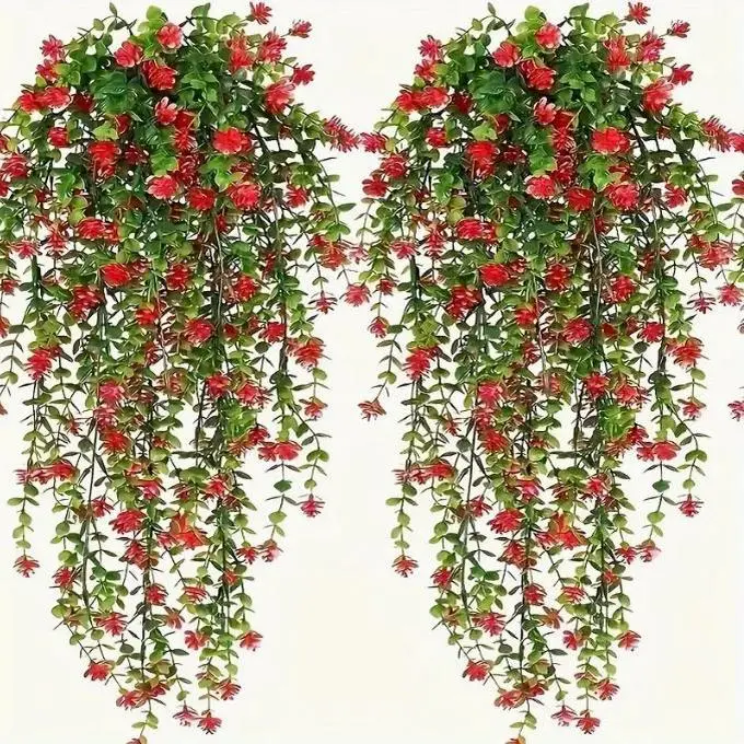 UV-Resistant Artificial Eucalyptus Hanging Plant - All Year Round, Green Vines with Red Flowers, Durable Plastic Build, Easy Installation, Indoor Outdoor Home Decor for Botanical Aesthetic Displays, Room Decor