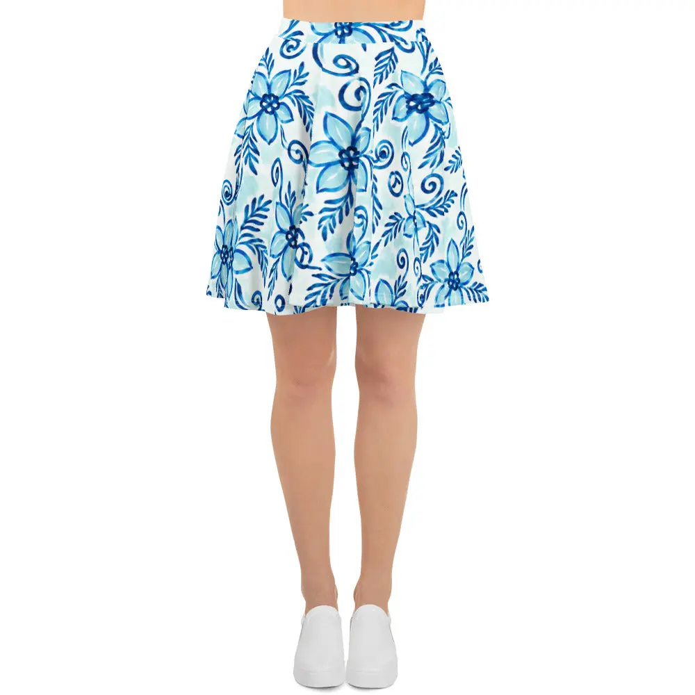 Blue & White Floral Skater Skirt