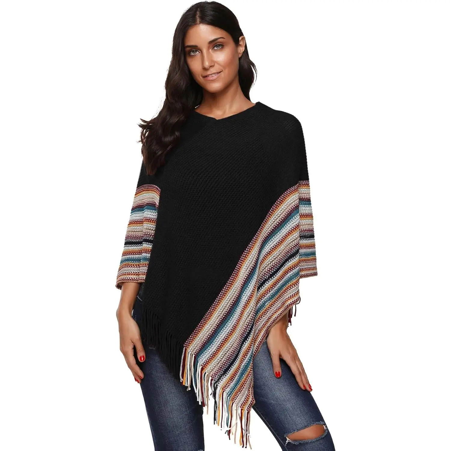 Women's Zig-Zag Knit Poncho Sweater - Fitted Pull-On, Drop-Shoulder Crew Neck, Long Sleeves, Fringe Hem Tops, Knitwear, Plaid, Ponchos