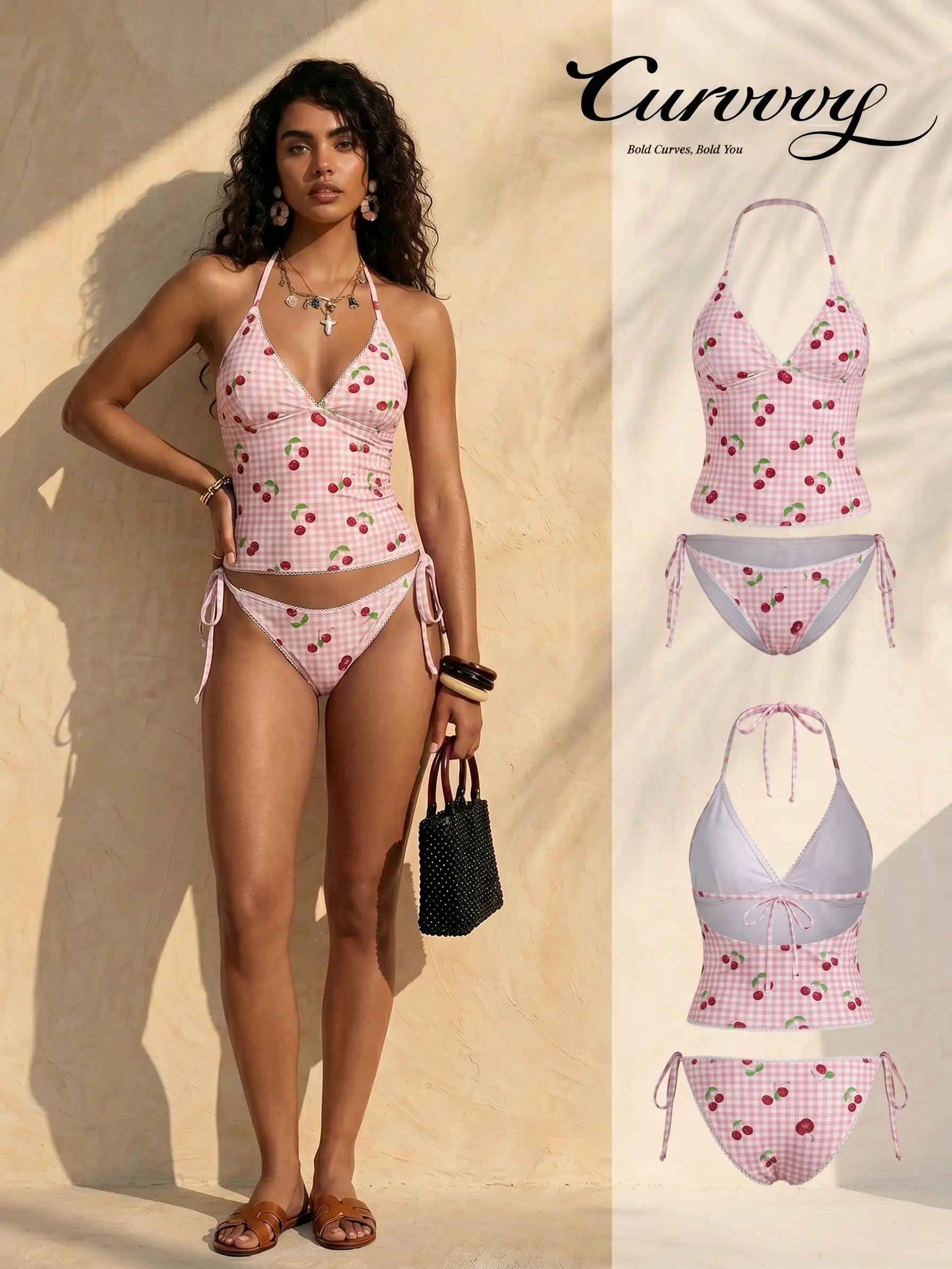 Women’s Curvy 2026 Sweet Cherry Grid Print 2-Piece Bikini Set - Halter Neck Top, Cheeky Cut Triangle Bottom, Beach & Summer Vacation Swimwear for Women, Casual Swimsuit, Swimsuit For Women