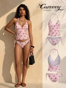 Curvvvy Swim 2026 Women’s  Sweet Cherry Grid Print Cute 2 Piece Bikini Set, Halter Neck Top with Triangle Bottom Casual Summer Vacation Swimwear for Women