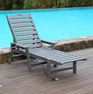 Outdoor Chaise Lounge Chair with Wheels & Cup Holder, Gray HDPE Patio Pool Lounger, 4-Position Adjustable Backrest, Waterproof Weather Resistant Sunbed for Deck Beach Backyard, 360 LBS