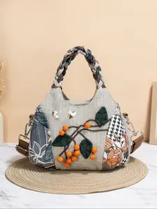 Bohemian Ethnic Style Beaded Persimmon Shoulder Crossbody Bag, Multi-Layer Original Design, Small Elegant Handbag, Random Cut, Colorblock Patchwork Handbag, Fashionable Bohemian Bag