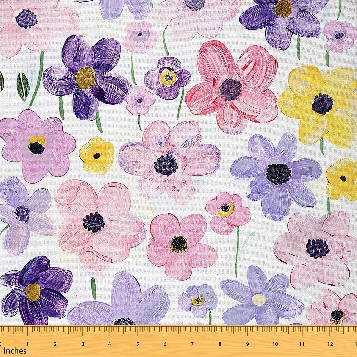 Oil Painting Daisy Fabric,Cute Floral Graffiti Soft Flannel Polyester No Stretch Fabric,Rustic Plant Garden Decorative Fabrics,Light Purple White Crafts & Sewing Supplies