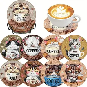 Cat Pattern Diamond Embroidery Coaster Set, Sparkling Water Drill Heat Resistant Drink Mats with Stand, DIY Craft Supplies Gift