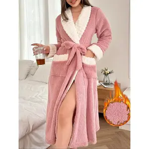 Women’s solid fuzzy bathrobe with belt and pockets, casual long-sleeve shawl-collar warm robe, ladies’ sleepwear for fall and winter