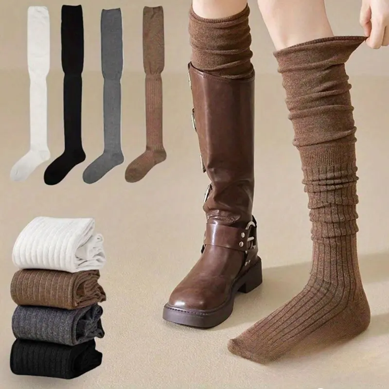 Women's Over-The-Knee Crew Socks, Plain Color Long Tube Sports Socks, Casual Knit Socks, Casual Style, Fall Winter, 4/6/14 Pairs, Trendy Fashion