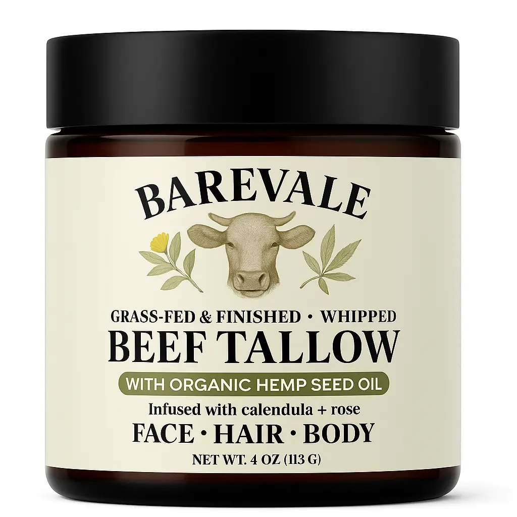 Grass-Fed Tallow Balm for Dry & Sensitive Skin  Whipped Moisturizer with Organic Hemp Seed Oil, Calendula & Rose, 4 oz – Barevale