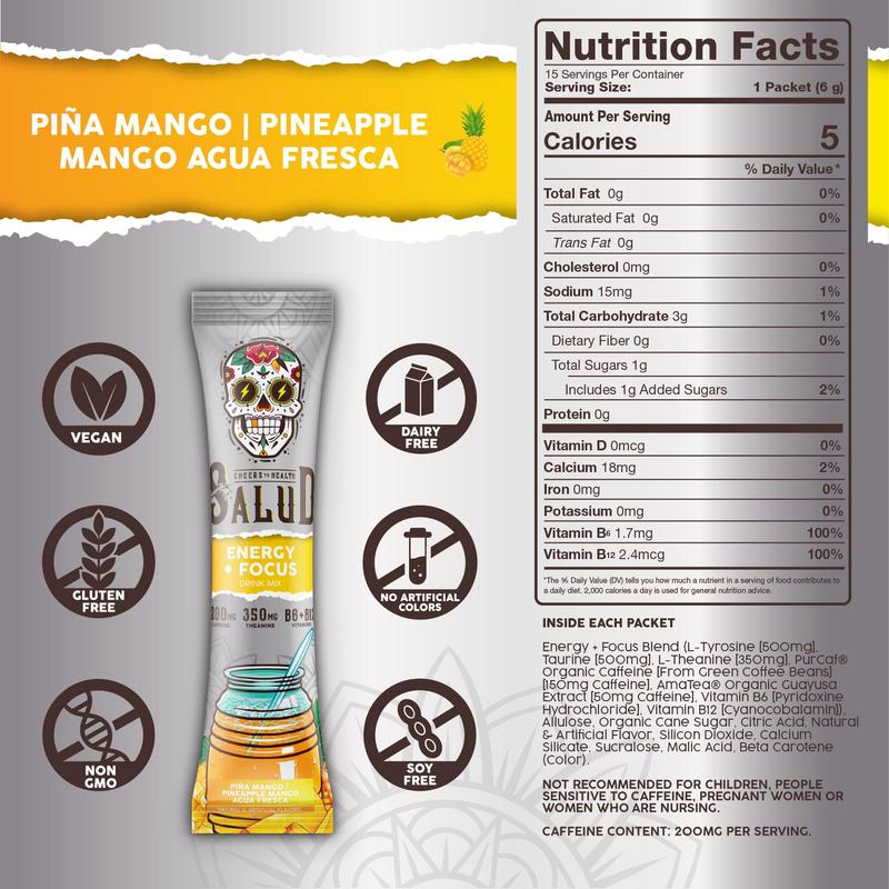 Salud 2-in-1 Energy Drink Powder + Focus  – Piña Mango Flavor – Agua Fresca Mix with 200mg Organic Caffeine, 350mg L-Theanine, Vitamins B6 & B12, Non-GMO, Gluten Free, 15 Servings - Dietary, Healthcare