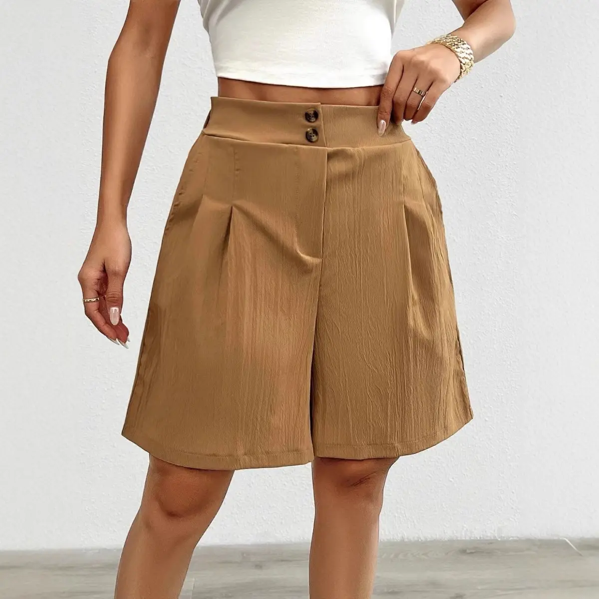 Women's High Waist Wide Leg Bermuda Shorts, Spliced Design Casual Loose Knee Length Shorts with Buttons & Pleats, Cotton Linen Blend Non-Stretch Commuter Shorts