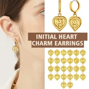 FindChic Heart Shape Initial Earrings with Letter Pendant 13mm Small Hoop Retro Style Fantasy Fashion Cute Jewelry For Women Girlfriend Birthday Anniversary Wedding Christmas Holiday Gift