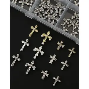 120 Pcs 3D Cross Nail 12 Grids Metal Nail Art White Gold Silver Gold Cross for Nails