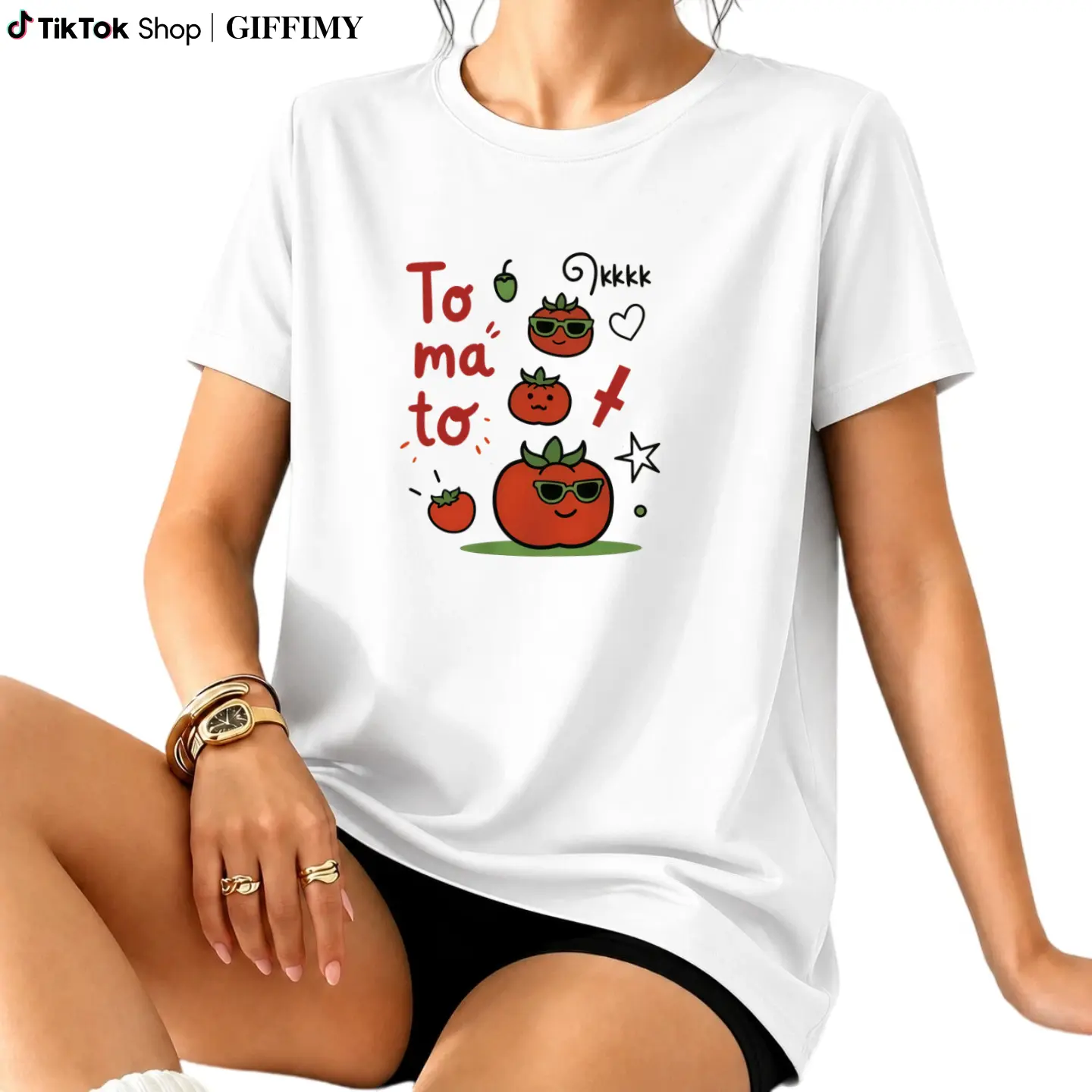 Women's Tomato Print T-Shirt - Cute Tomato & Tomato Family Cartoon Short Sleeve Blouse Compatible for Picnic Party Outfits, Round Neck Casual Top, Spring Summer Fall Casual Attire Suitable for Food Market Outfits