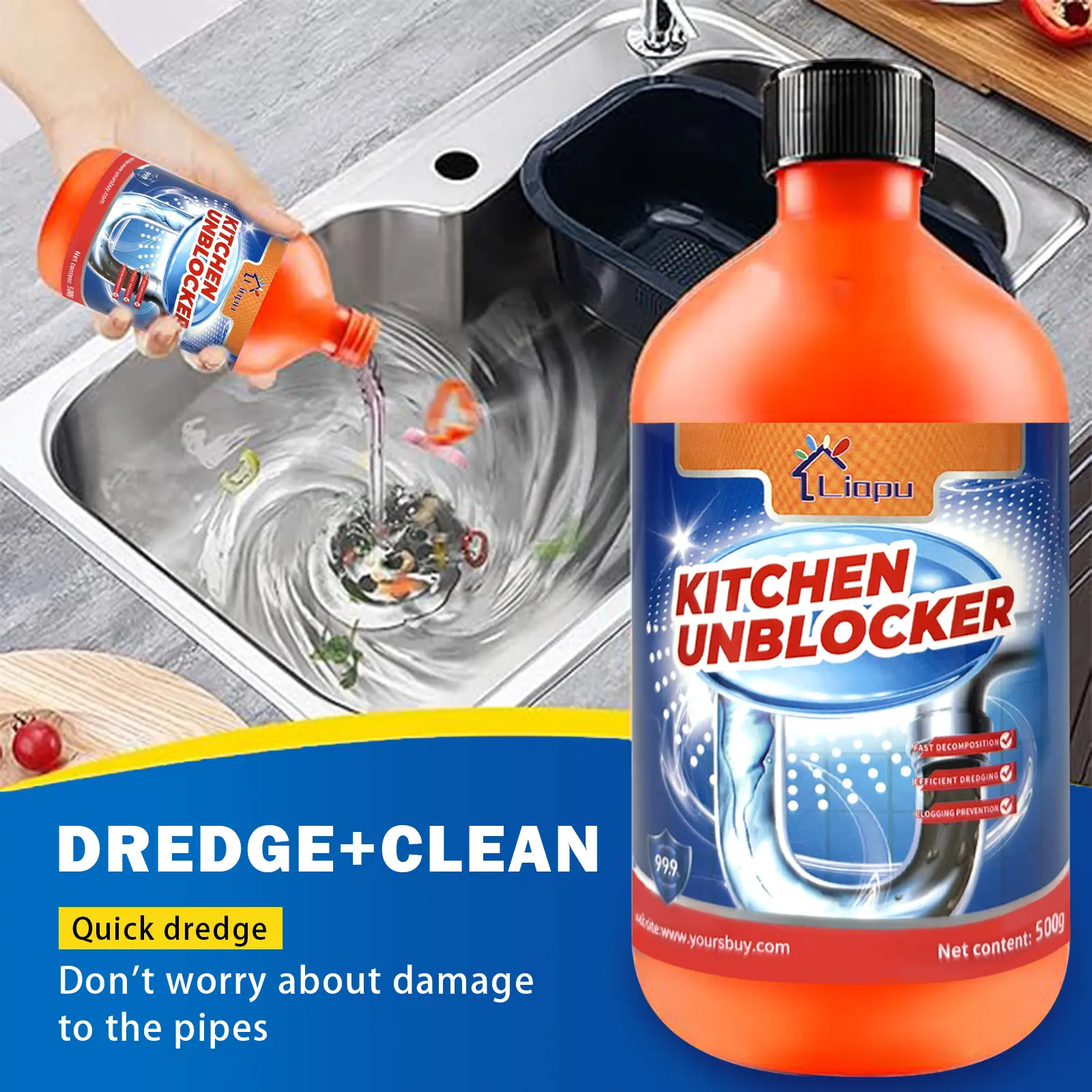 Liapu Kitchen Drain Unblocker Liquid 500g Fast Acting Sink Clog Remover Safe Pipe Drain Cleaner For Kitchen Bathtub Toilet