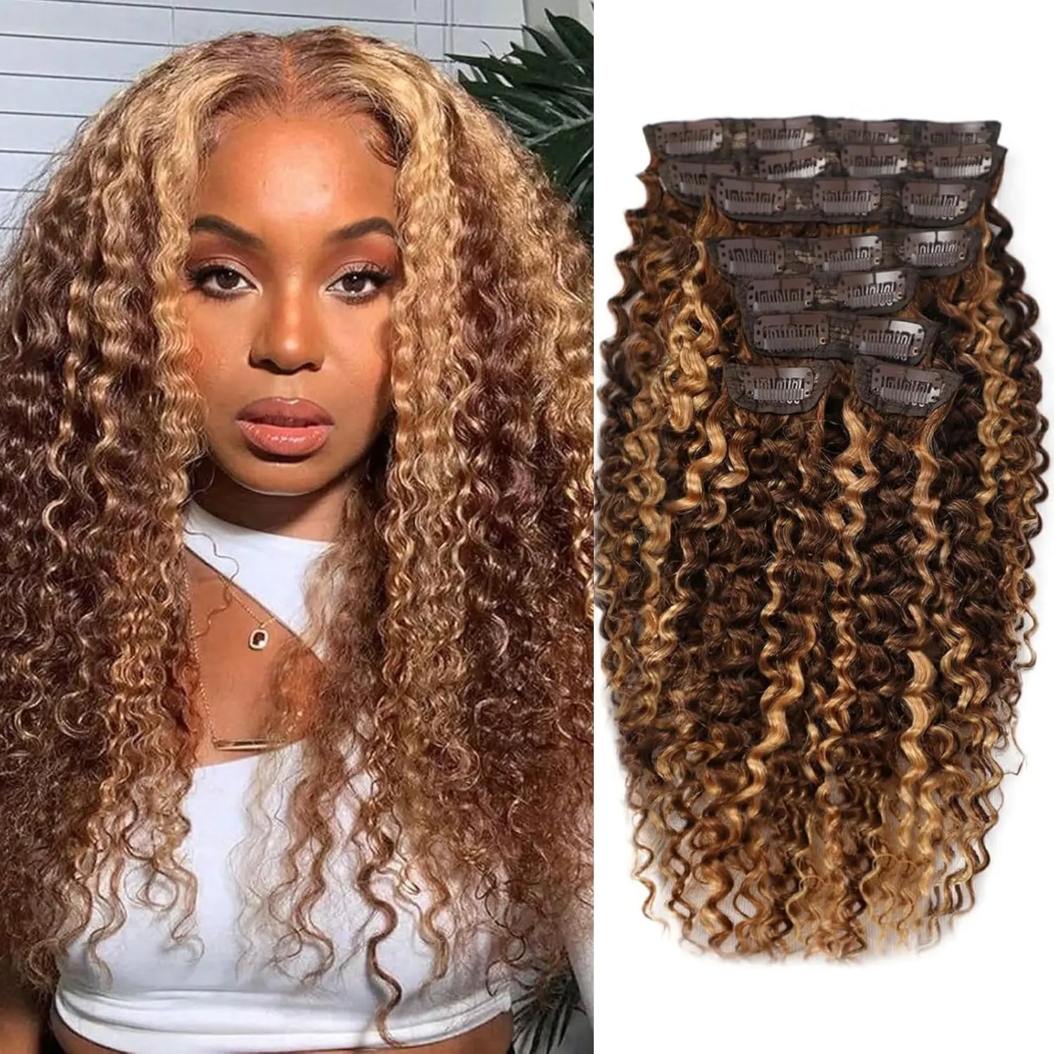 Highlight Ombre Honey Blonde 4/27 Kinky Curly Clip Ins 110g 8pcs 3C 14A Curly Clip In Hair Extensions Real Human Hair Full Head for Women  Brazilian Remy Human Hair Extensions with 20 Clips