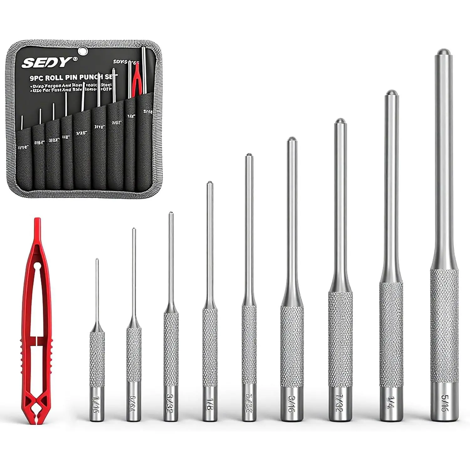 9- Roll Pin Punch Set -  Pin Removal - Durable Steel & Construction - For Automotive, Firearm Maintenance, Watch,  & Craft Repair - Knurled Grip - Versatile Sizes
