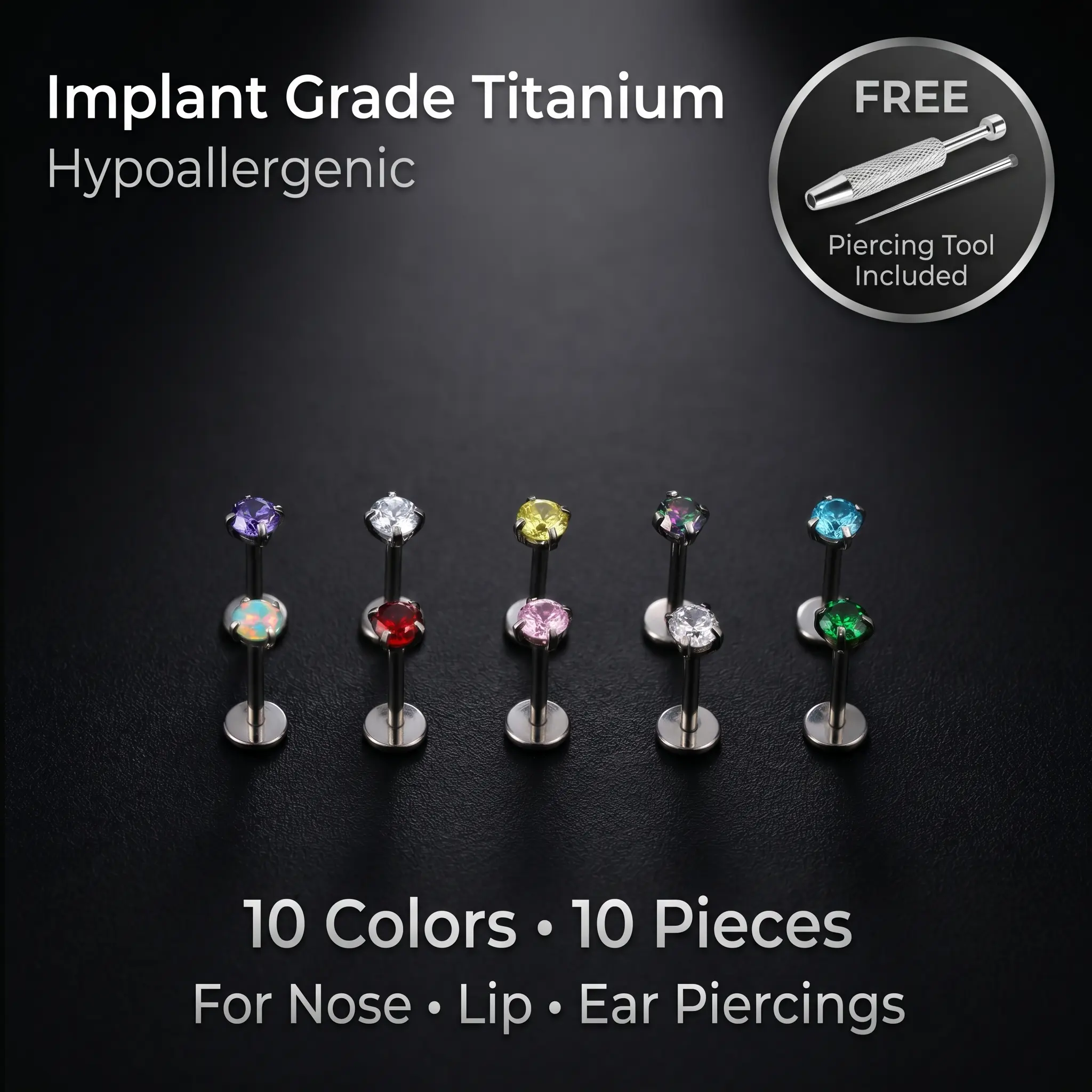 F136 titanium 10pcs Value Pack 18G 1.0mm 7mm straight bar Internally Threaded Gems Nose nail ear nail lip nail universal with Free Ball Holder & Guiding Needle