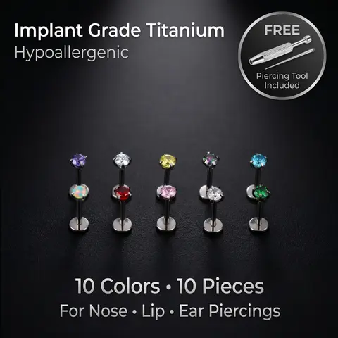 F136 titanium 10pcs Value Pack 18G 1.0mm 7mm straight bar Internally Threaded Gems Nose nail ear nail lip nail universal with Free Ball Holder & Guiding Needle