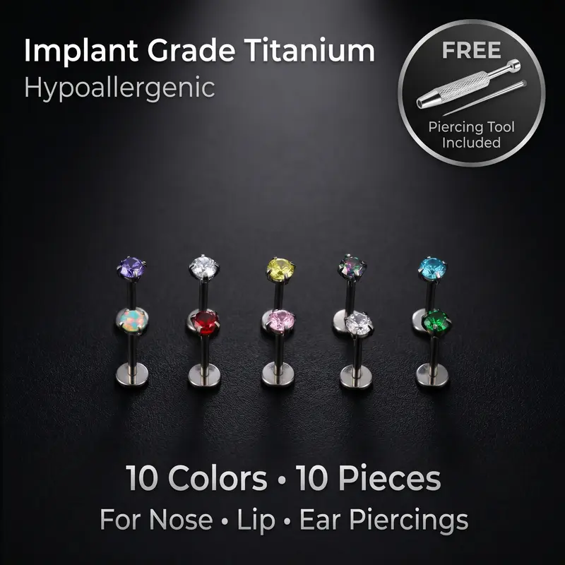 F136 titanium 10pcs Value Pack 18G 1.0mm 7mm straight bar Internally Threaded Gems Nose nail ear nail lip nail universal with Free Ball Holder & Guiding Needle