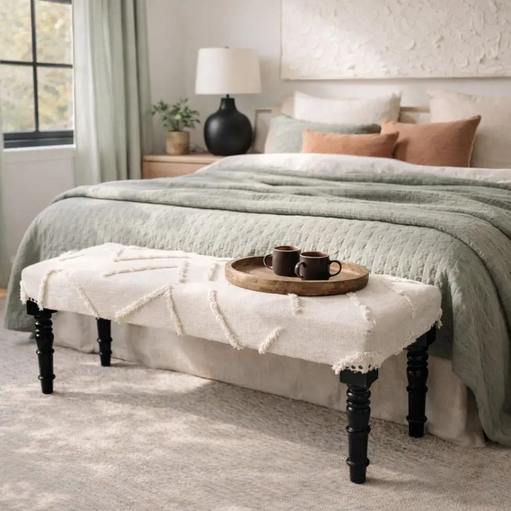 Aurora Contemporary Ivory Abstract Cotton Upholstered Accent Bench