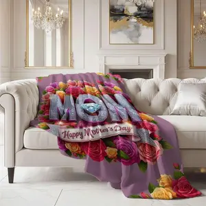 Happy Mother's Day Luxury Flannel Blanket - Diamond Sparkle Style "MOM" Design with Colorful Roses - Ultra Soft Cozy Fleece Throw for Mom Birthday - Elegant Floral Home Decor Blanket