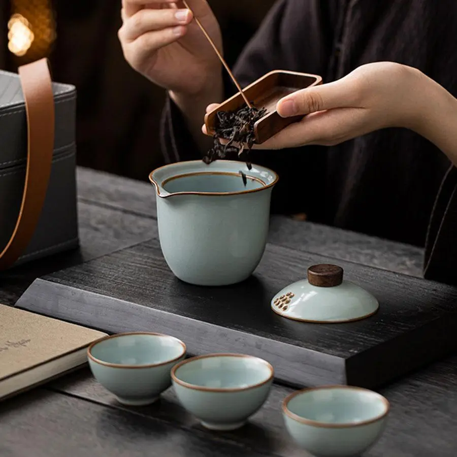 Portable Travel Matcha Tea Set, Tea Pot Sets, 1 Set Including 1 Count Tea Pot & 3 Counts Tea Cup with Storage Bag, Tea Making Tool for Home Office Use, Gift for Friend, Ceramic Matcha Set, Matcha Kit Set