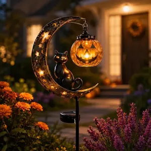 Solar Stake Lights - Halloween Black Cat Pumpkin Moon Metal Yard Decor - for Outdoor Garden, Pathway, Porch & Lawn Decoration - Spooky Autumn Gift for Neighbors, Her & Family