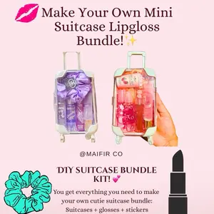 MAIFIR CO DIY Mini Suitcase Bundle - Make Your Own Lip Gloss Set with Scrunchie & Kawaii Stickers - Vegan Cruelty-Free Glossy Pink Makeup Kit for Teens - Perfect Holiday Gift