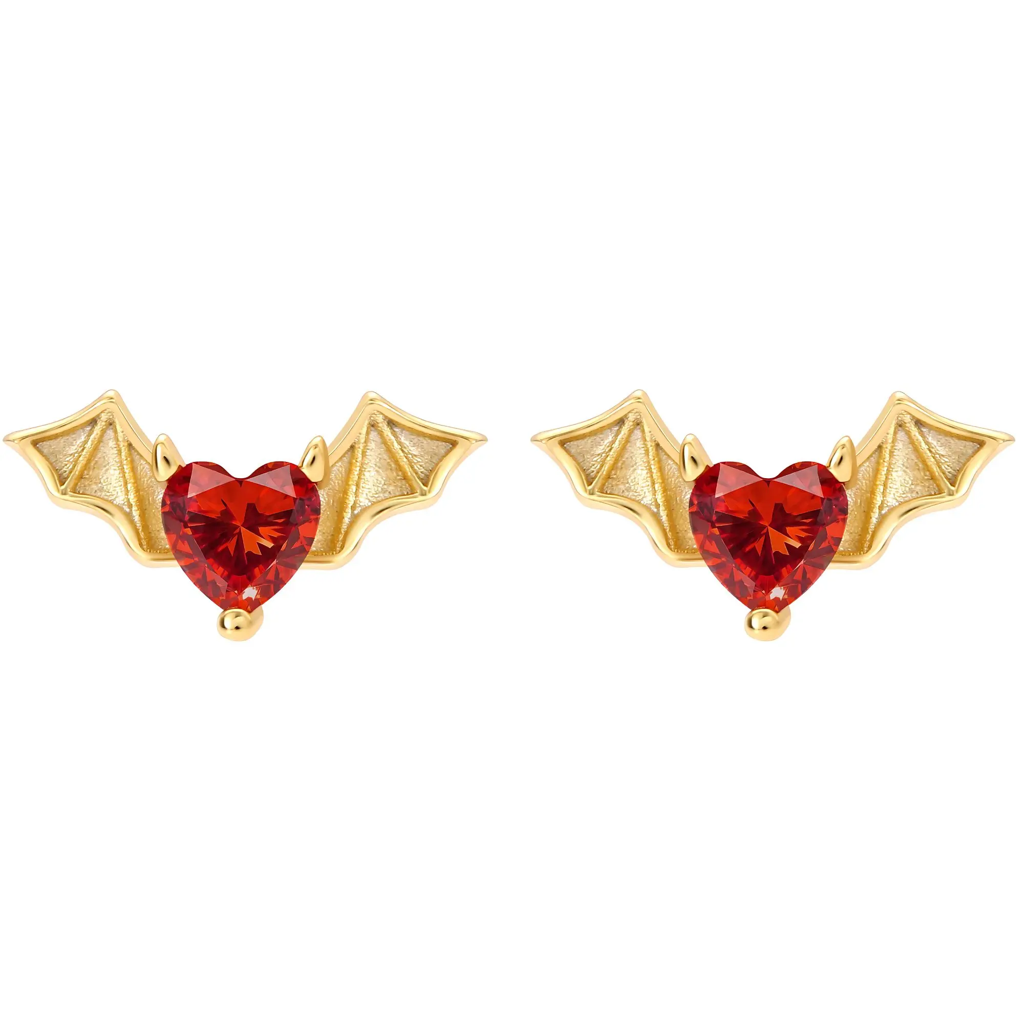 Flying Bat Flat Back Earrings for Women by Ginger Lyne | 1 Pair Red Heart Cubic Zirconia 16 Gauge 1.2mm 8mm Post 14Kt Gold over Sterling Silver Body Piercing | Cartilage Helix Lobe Tragus Studs
