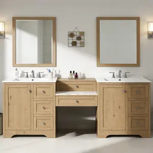 84" Double-Sink Bathroom Vanity, 2 Ceramic Sinks and a Engineered Stone Countertop, Large storage Bathroom Vanity with Silver Metal Knobs and 6 Drawers, Soft Closing Design
