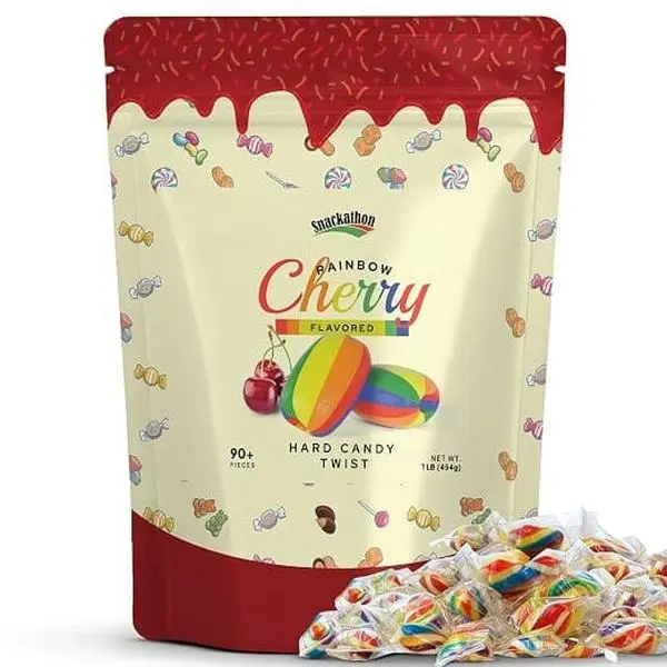 Snackathon Rainbow Cherry Flavored Bonbon Hard Candy Twists, Cylinder-Shaped, Bulk Individually Wrapped, 1 Pound