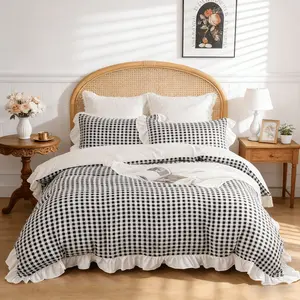 Black White Gingham Ruffled Duvet Cover Set, 3 Piece (1 Duvet Cover + 2 Pillowcases) Breathable Lightweight Soft Checkered Bedding Set, Farmhouse Style Ruffle Edge Duvet Cover for Bedroom, Guest Room & Dorm (Multiple Sizes Available, No Comforter)