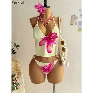 Summer Beach Floral Bikini Set for Women  Elegant Halter Tie Swimsuit Sexy & Trendy Swimwear for Vacation, Beach Days, & Poolside Relaxation