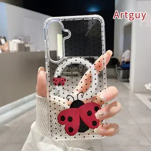 Magnetic Phone Case for Samsung Galaxy S26 Edge S23 Ultra S24 Plus FE S25 S22+ Ladybug in Dots Pattern Non-Yellowing Shockproof Soft Silicone Transparent Acrylic Large Hole Cover Supports Wireless Charging