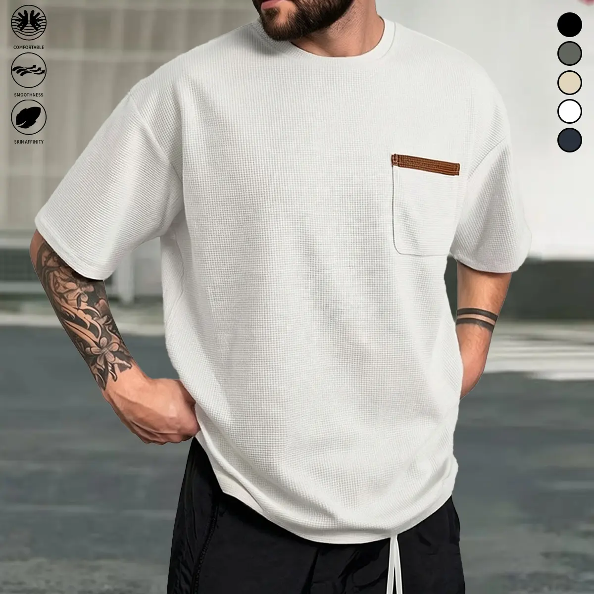 Men’s casual short-sleeve T-shirt, regular fit, front pocket design; suitable for everyday summer wear, fitness training, sports, and running. Men’s short-sleeve T-shirt, menswear.