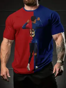 Men's Barcelona Blue Patchwork 19 Soccer Jersey, Fan Print Round Neck Short Sleeve Top, Sporty Loose-Fit All-Season Clothing, Sports Jersey, Sports Apparel