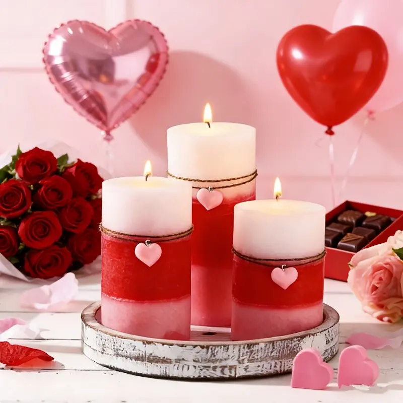 A set of 3 Valentine's Day cylindrical candles decorated with red heart cylindrical candles, party decorations, gifts, dining tables, home decorations, spring celebrations, weddings/proposals, Valentine's Day anniversaries, romantic nights, dates