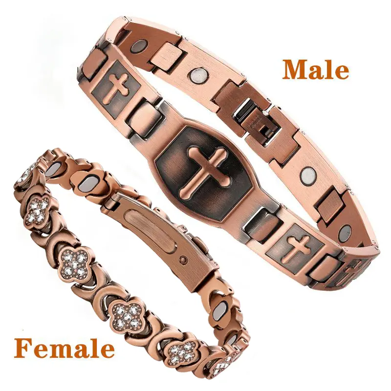 Pure Copper Magnetic Bracelet for Women & Men, Cross & Lucky Clover Link Charm Bangle with Sparkling CZ, Adjustable & Hypoallergenic, 3500 Gauss, Cross Charm Bangle, Cubic Zirconia, Female, Daily