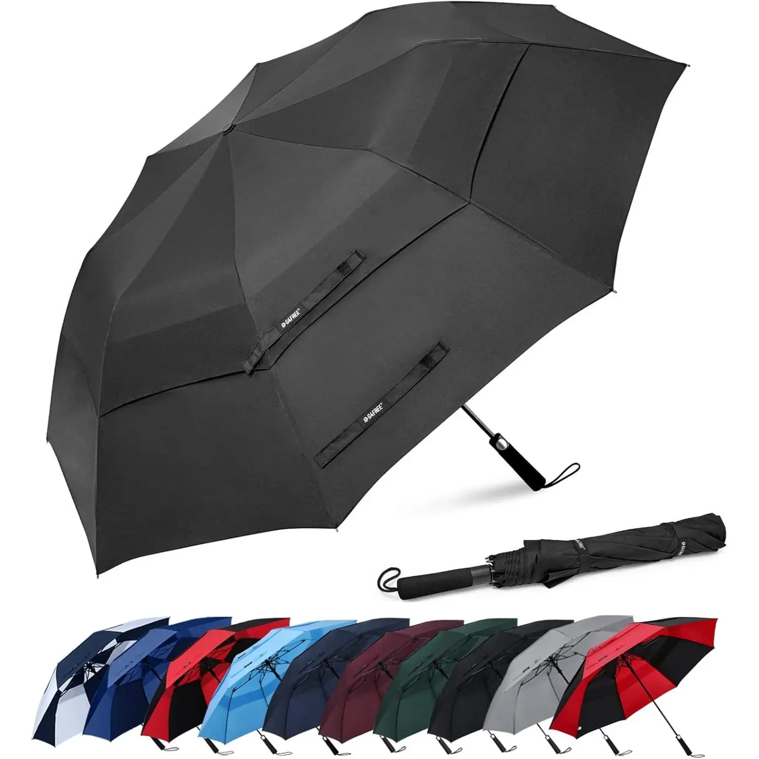 62 in Automatic-Open Portable Golf Umbrella for Men, Large Oversize 100% Polyester Double-Vented Windproof Waterproof Canopy, Fiberglass Foldable Ribs Collapsible Sports Stick Umbrella