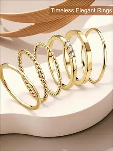6 Pcs 14K Gold Plated Fashion Stackable Rings Set Stacking Rings for Women Girls Non Tarnish Dainty Rings Cubic Zirconia Thin Ring Set Trend Jewelry Size 5-11